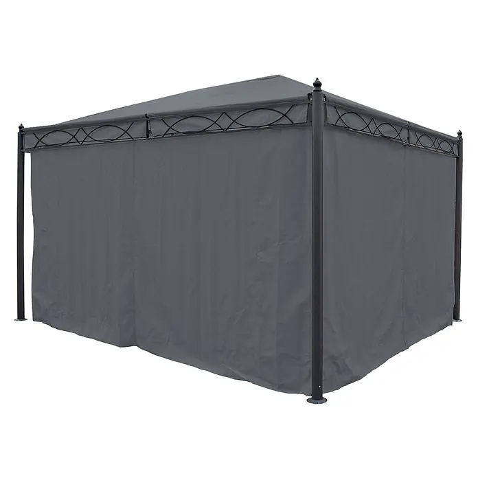 Berlinlodge Standard-Pavillon Cadiz - B x T: 400 x 300 cm, Farbe Gestell: Grau, Metall - Dunkelgrauer Pavillon mit Vorhängen und dekorativem Metallgestell.