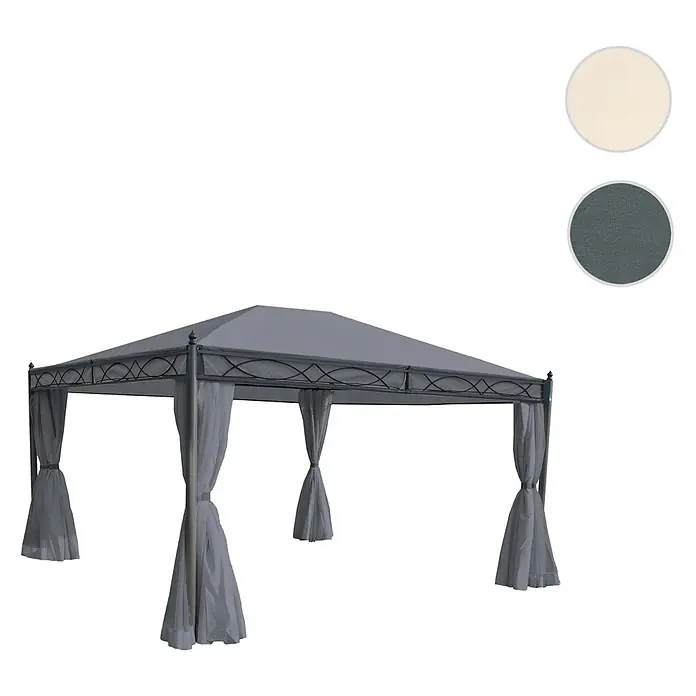 Berlinlodge Standard-Pavillon Cadiz - B x T: 400 x 300 cm, Farbe Gestell: Grau, Metall - Graues Gartenpavillon mit dekorativem dunklem Metallrahmen und zurückgebundenen Vorhängen; Stofffarboptionen in Creme und Dunkelgrau sichtbar.