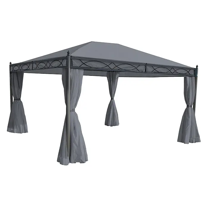 Berlinlodge Standard-Pavillon Cadiz - B x T: 400 x 300 cm, Farbe Gestell: Grau, Metall - Grau-farbener Pavillon mit Metallrahmen, dekorativen Akzenten und Vorhängen zum Festbinden.