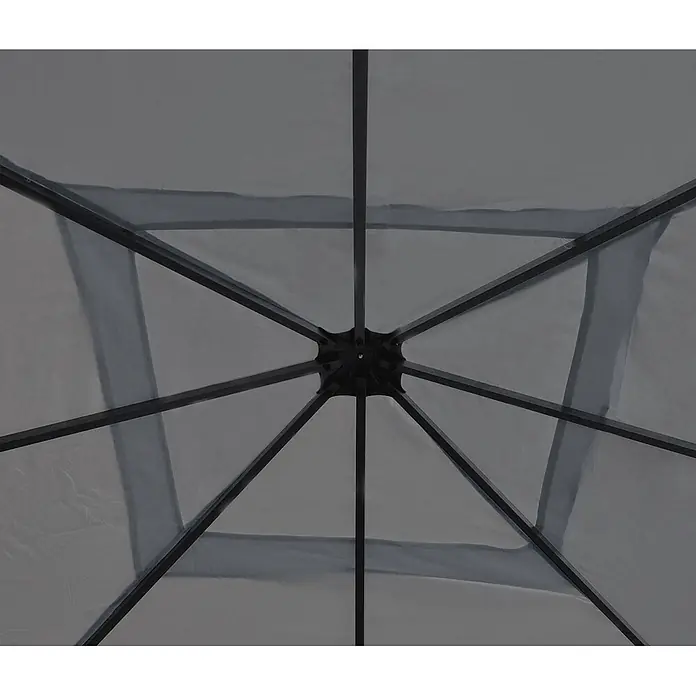 Berlinlodge Standard-Pavillon Cadiz - B x T: 400 x 400 cm, Farbe Gestell: Grau, Metall - Unterseite eines dunkelgrauen Pavillondachs mit schwarzem Metallrahmen und zentraler Nabe.