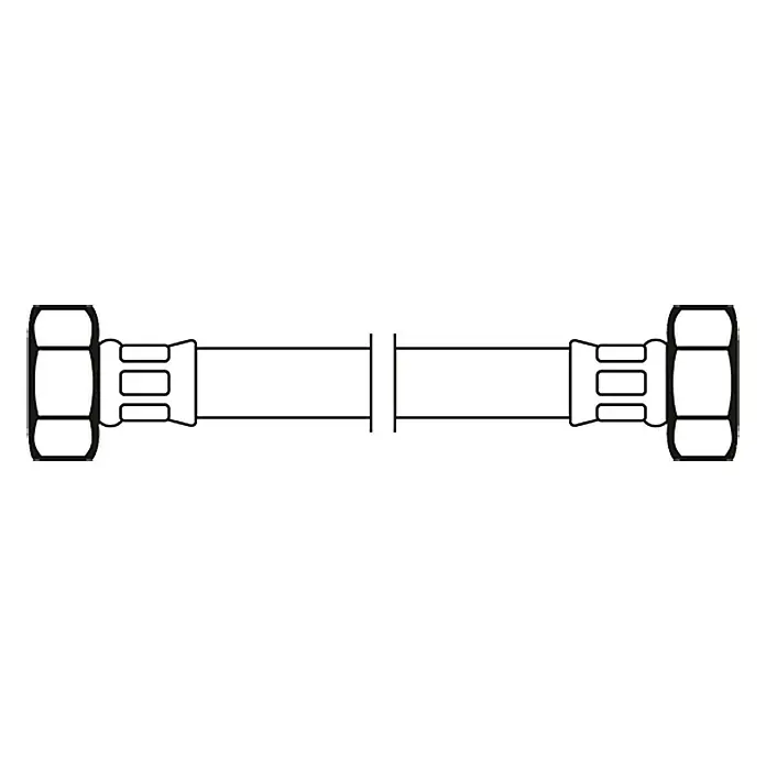 Flexo Anschlussschlauch - ½″/½″, Länge: 100 cm - Eine schematische Darstellung eines flexiblen Panzerschlauchs mit Sechskantmuttern an beiden Enden, ideal für Sanitäranwendungen.