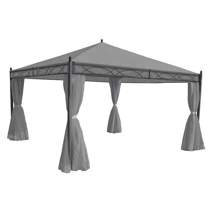 Berlinlodge Standard-Pavillon Cadiz - B x T: 400 x 400 cm, Farbe Gestell: Grau, Metall - Graues Gartenpavillon mit Metallrahmen und dekorativen Seitenakzenten, mit passenden zurückgebundenen Vorhängen.