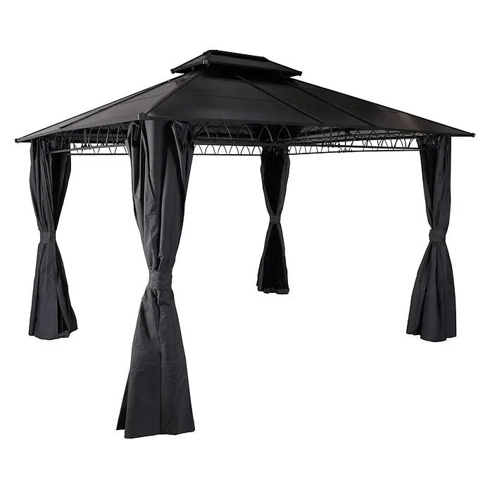Berlinlodge Standard-Pavillon mit Seitenwand und Moskitonetz - B x T: 360 x 300 cm, Farbe Gestell: Schwarz, Stahl - Schwarzer Metallpavillon mit zweistufigem Dach und zurückgebundenen Sichtschutzvorhängen.