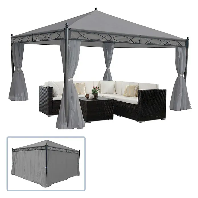 Berlinlodge Standard-Pavillon Cadiz - B x T: 400 x 400 cm, Farbe Gestell: Grau, Metall - Grauer Pavillon mit Metallrahmen, transparenten Vorhängen und Gartenmöbeln aus Polyrattan. Einsatz zeigt Pavillon mit geschlossenen Seitenwänden.