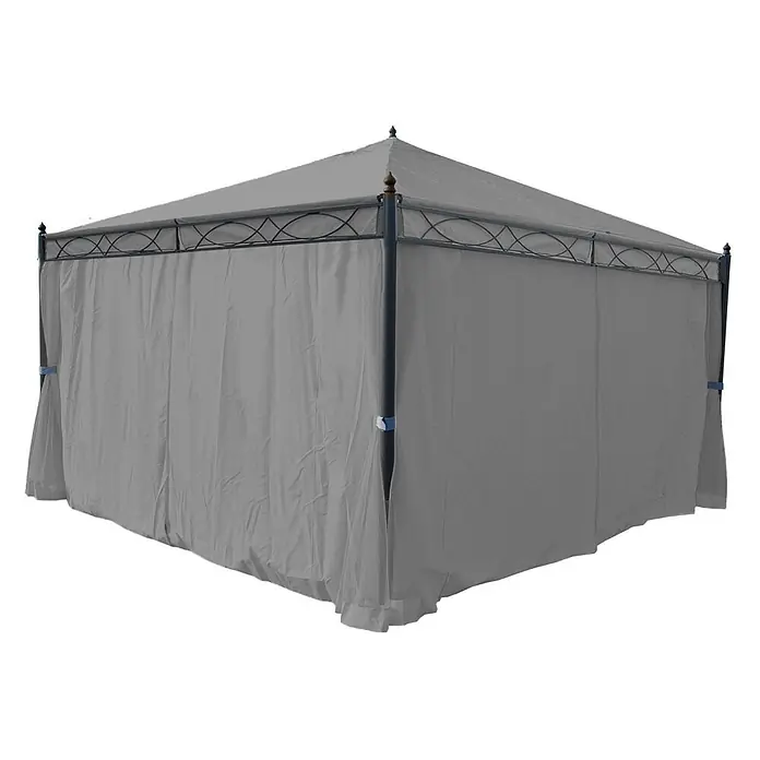 Berlinlodge Standard-Pavillon Cadiz - B x T: 400 x 400 cm, Farbe Gestell: Grau, Metall - Grauer Pavillon mit Stoffvorhängen und dunklem Metallrahmen, bietet Schatten und Privatsphäre.