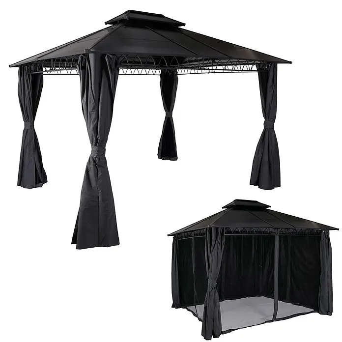 Berlinlodge Standard-Pavillon mit Seitenwand und Moskitonetz - B x T: 360 x 300 cm, Farbe Gestell: Schwarz, Stahl - Schwarzer Metallpavillon mit schwarzen Stoffvorhängen, zurückgebunden und mit Moskitonetzen.