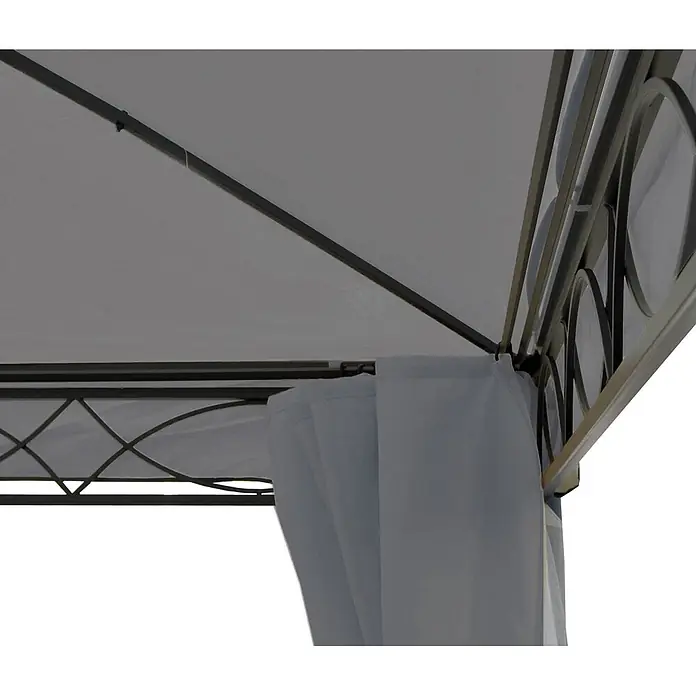 Berlinlodge Standard-Pavillon Cadiz - B x T: 400 x 400 cm, Farbe Gestell: Grau, Metall - Pavillonecke mit dunklem Metallgestell, hellgrauem Stoffdach und Vorhängen.