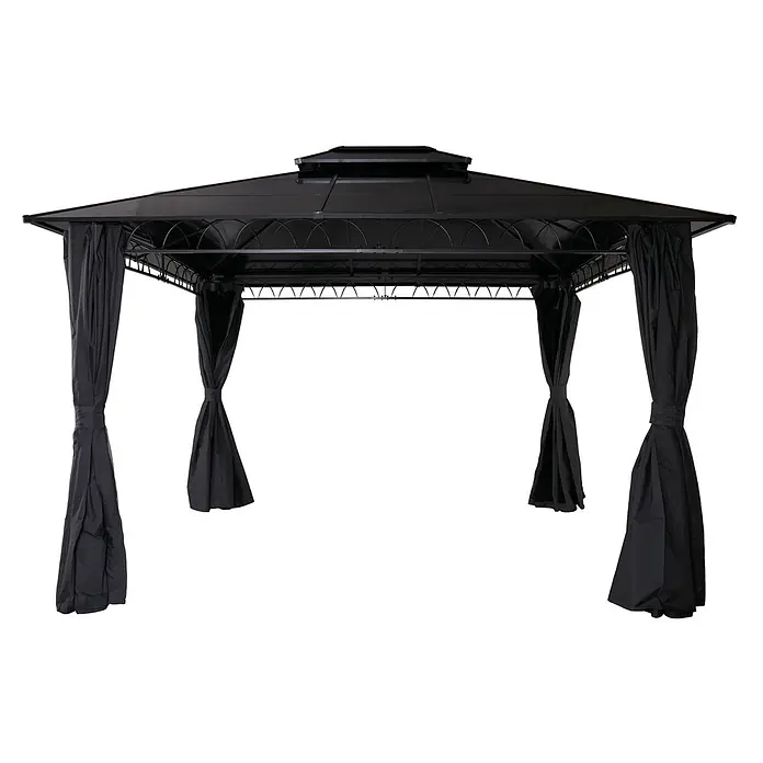 Berlinlodge Standard-Pavillon mit Seitenwand und Moskitonetz - B x T: 360 x 300 cm, Farbe Gestell: Schwarz, Stahl - Schwarzes Hardtop-Gartenpavillon mit doppeltem Dach und zurückgebundenen schwarzen Vorhängen an allen vier Seiten.
