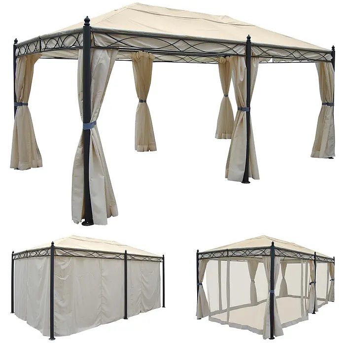 Berlinlodge Standard-Pavillon Cadiz - B x T: 300 x 500 cm, Farbe Gestell: Grau, Metall - Cremefarbener Outdoor-Pavillon mit dunklem Metallrahmen, gezeigt mit zurückgebundenen Vorhängen, festen Seitenwänden und Moskitonetz.