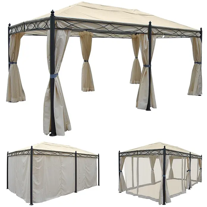 Berlinlodge Standard-Pavillon Cadiz - B x T: 300 x 500 cm, Farbe Gestell: Grau, Metall - Beiges Outdoor-Pavillon mit dunklem Metallrahmen, Verdeck, Seitenrollos und Moskitonetzen.