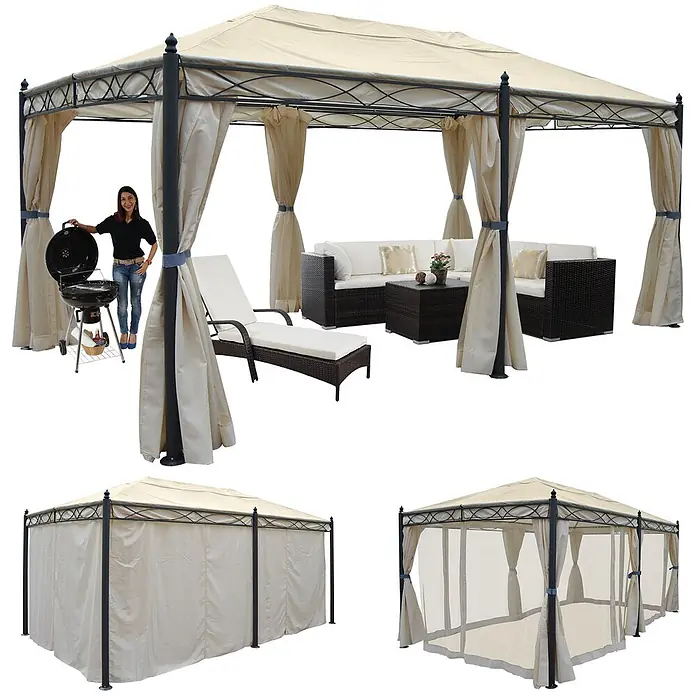 Berlinlodge Standard-Pavillon Cadiz - B x T: 300 x 500 cm, Farbe Gestell: Grau, Metall - Beiges Gartenzelt mit dunklem Metallrahmen und ausziehbaren Vorhängen, ideal für Treffen im Freien.