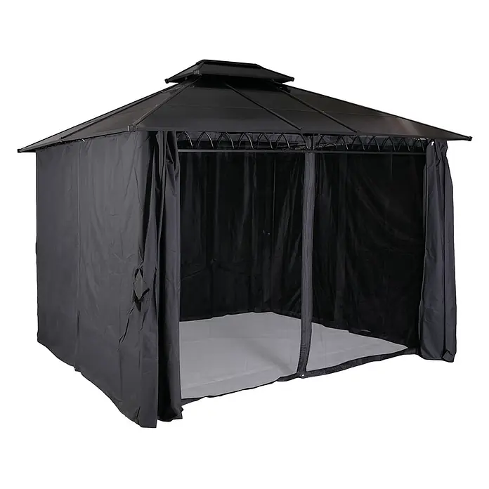Berlinlodge Standard-Pavillon mit Seitenwand und Moskitonetz - B x T: 360 x 300 cm, Farbe Gestell: Schwarz, Stahl - Schwarzer Pavillon mit doppelstöckigem Dach, Stoffseitenwänden und innerem Moskitonetz.