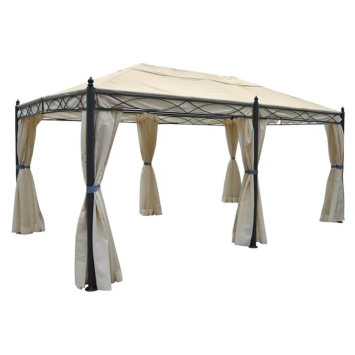 Berlinlodge Standard-Pavillon Cadiz - B x T: 300 x 500 cm, Farbe Gestell: Grau, Metall - Beiges Gartenpavillon mit dunklem Metallrahmen und Zierleiste, mit zurückgebundenen Vorhängen.