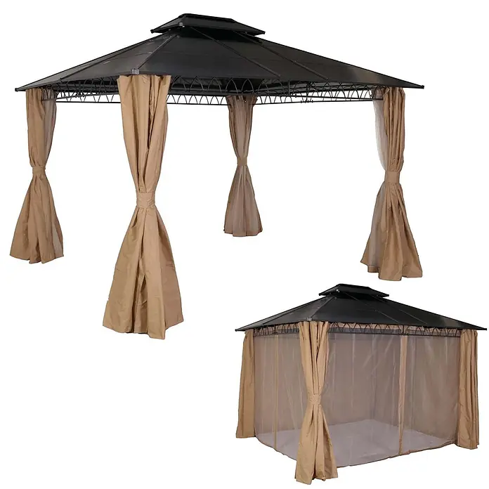 Berlinlodge Standard-Pavillon mit Seitenwand und Moskitonetz - B x T: 360 x 300 cm, Farbe Gestell: Grau, Stahl - Brauner Pavillon mit schwarzem Dach und beigen Vorhängen, offen und mit Moskitonetz geschlossen dargestellt.