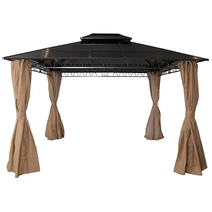 Berlinlodge Standard-Pavillon mit Seitenwand und Moskitonetz - B x T: 360 x 300 cm, Farbe Gestell: Grau, Stahl - Dunkler Metallpavillon mit zweistufigem Dach und beige gebundenen Vorhängen.