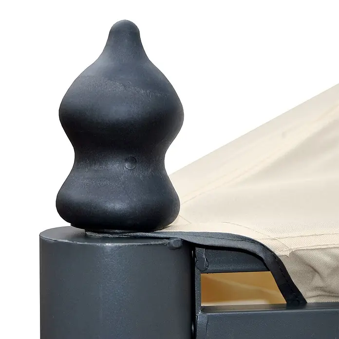 Berlinlodge Standard-Pavillon Cadiz - B x T: 300 x 500 cm, Farbe Gestell: Grau, Metall - Schwarze Finial auf einem dunkelgrauen Pfosten, der einen beigen Überdachungsstoff sichert.