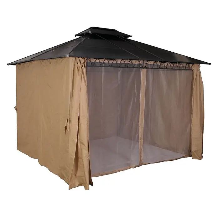 Berlinlodge Standard-Pavillon mit Seitenwand und Moskitonetz - B x T: 360 x 300 cm, Farbe Gestell: Grau, Stahl - Beigefarbener Outdoor-Pavillon mit dunklem, gestuftem Dach und beigen Stoffseitenwänden, inklusive transparenten Netzvorhängen als Insektenschutz.