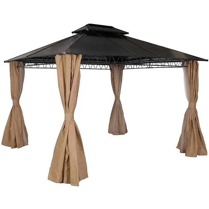 Berlinlodge Standard-Pavillon mit Seitenwand und Moskitonetz - B x T: 360 x 300 cm, Farbe Gestell: Grau, Stahl - Outdoor-Pavillon mit dunklem Metallgestell, schwarzem Dach und beigefarbenen Vorhängen.