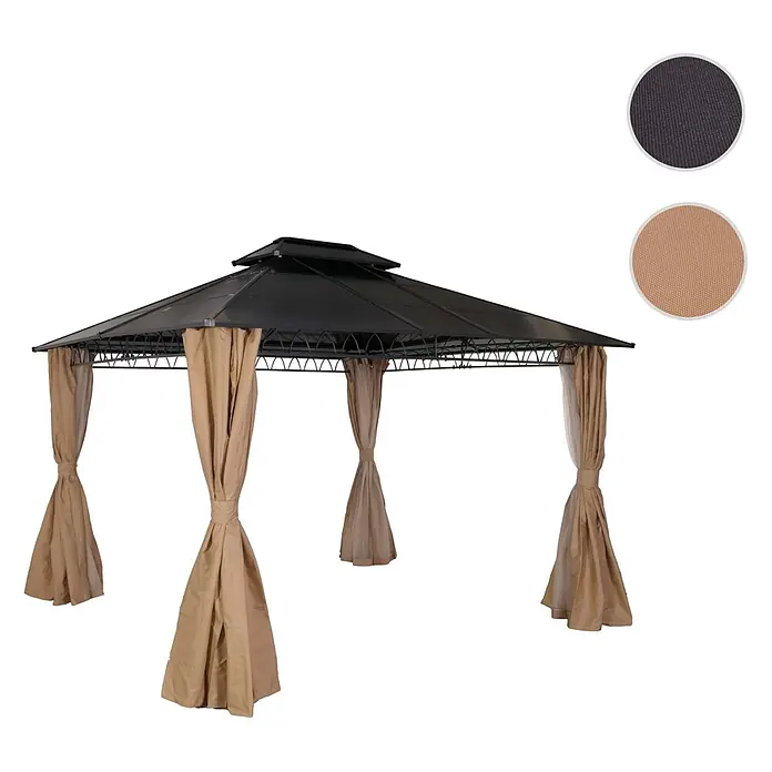 Berlinlodge Standard-Pavillon mit Seitenwand und Moskitonetz - B x T: 360 x 300 cm, Farbe Gestell: Grau, Stahl - Dunkles Hardtop-Gartenpavillon mit zurückgebundenen beigefarbenen Vorhängen, gezeigt mit dunkelgrauen und beigefarbenen Stoffmustern.
