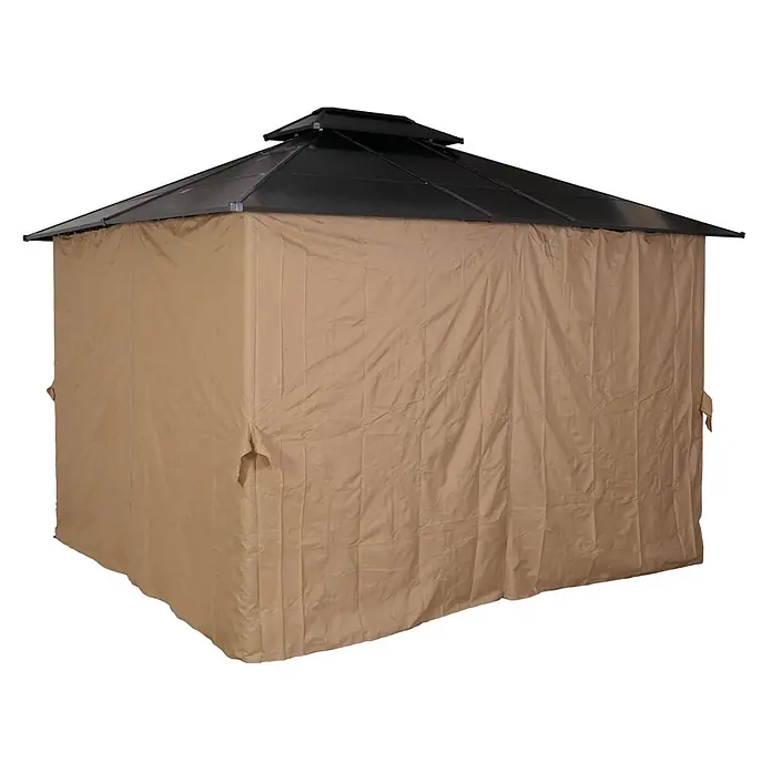 Berlinlodge Standard-Pavillon mit Seitenwand und Moskitonetz - B x T: 360 x 300 cm, Farbe Gestell: Grau, Stahl - Beige Sichtschutzwände für einen Pavillon mit schwarzem Dach.