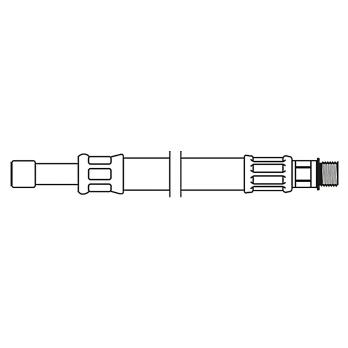 Flexo Anschlussschlauch - Rohrstutzen 10 mm, M 10, Länge: 35 cm - Abbildung eines Bremsschlauchs mit Verbindungsstücken. Er ist schwarz-weiß und zeigt die Details des Schlauchs.