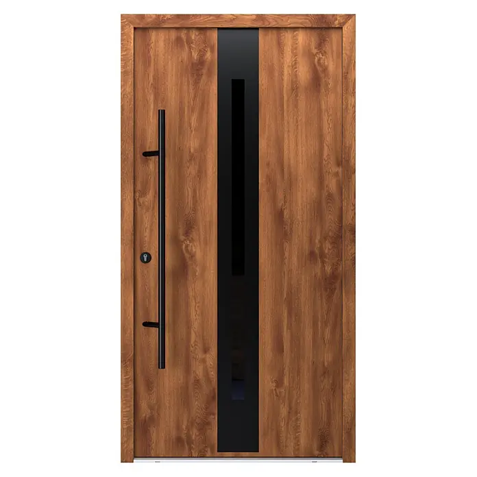 FM Türen Haustür - 110 x 210 cm, DIN Anschlag: Links, Goldene Eiche, Mit vertikaler Verglasung - Moderne Holztür mit dunklem vertikalem Glaseinsatz und langem schwarzem Stangengriff.
