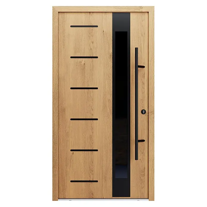 FM Türen Haustür - 110 x 210 cm, DIN Anschlag: Rechts, Winchester, Mit vertikaler Verglasung + Zierapplikationen - Moderne Holztür mit Naturholzmaserung, schwarzen horizontalen Zierleisten, einem vertikalen schwarzen Glaspaneel und einem langen schwarzen Stangengriff.