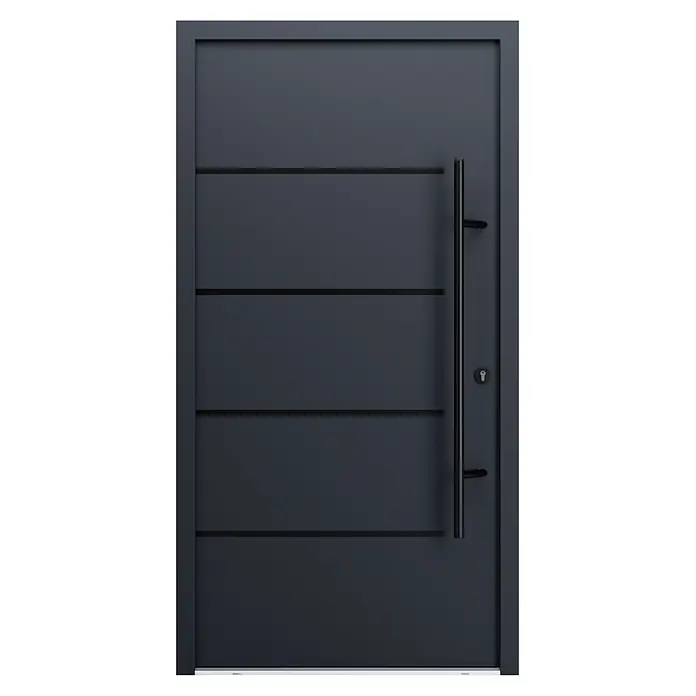 FM Türen Haustür - 110 x 210 cm, DIN Anschlag: Rechts, Farbe: Anthrazit, Mit Zierapplikationen - Moderne anthrazitfarbene Eingangstür mit horizontalen Rillen und langem vertikalem Griff.