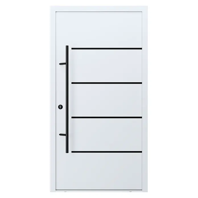 FM Türen Haustür - 110 x 210 cm, DIN Anschlag: Links, Farbe: Weiß, Mit Zierapplikationen - Weiße moderne Tür mit langem schwarzem vertikalem Griff, Schlüsselloch und vier horizontalen schwarzen Zierlinien.