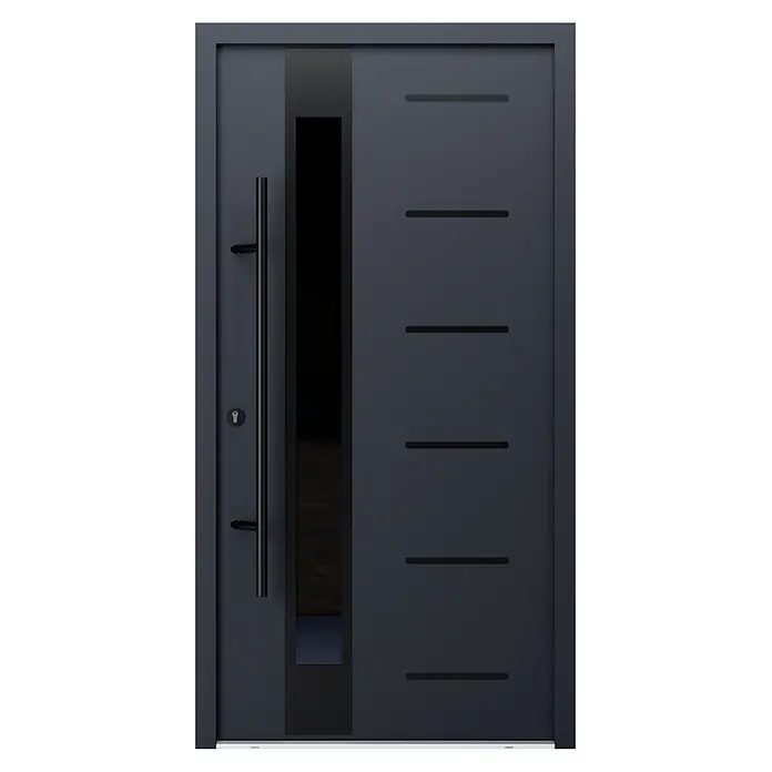 FM Türen Haustür - 110 x 210 cm, DIN Anschlag: Links, Anthrazit, Mit vertikaler Verglasung + Zierapplikationen - Dunkelgraue moderne Eingangstür mit langem schwarzem Griff, Schlüsselloch, vertikaler Glasscheibe und sechs horizontalen Zierrillen.