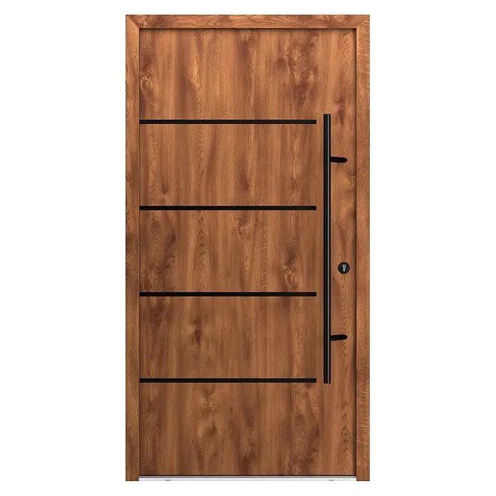 FM Türen Haustür - 110 x 210 cm, DIN Anschlag: Rechts, Farbe: Goldene Eiche, Mit Zierapplikationen - Moderne braune Holztür mit schwarzen horizontalen Einsätzen, einem schwarzen Stangengriff und Schlüsselloch.