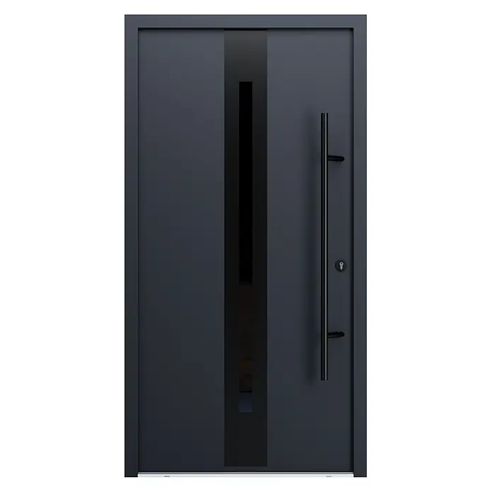 FM Türen Haustür - 110 x 210 cm, DIN Anschlag: Rechts, Anthrazit, Mit vertikaler Verglasung - Moderne dunkelgraue Tür mit schmalem vertikalem Glaseinsatz und langem schwarzem Stangengriff.