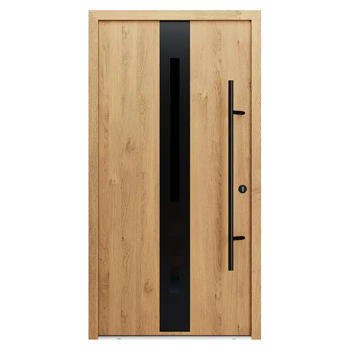 FM Türen Haustür - 110 x 210 cm, DIN Anschlag: Rechts, Winchester, Mit vertikaler Verglasung - Helle Holztür mit vertikalem schwarzem Glaseinsatz und langem schwarzem Stangengriff mit Schlüsselloch.
