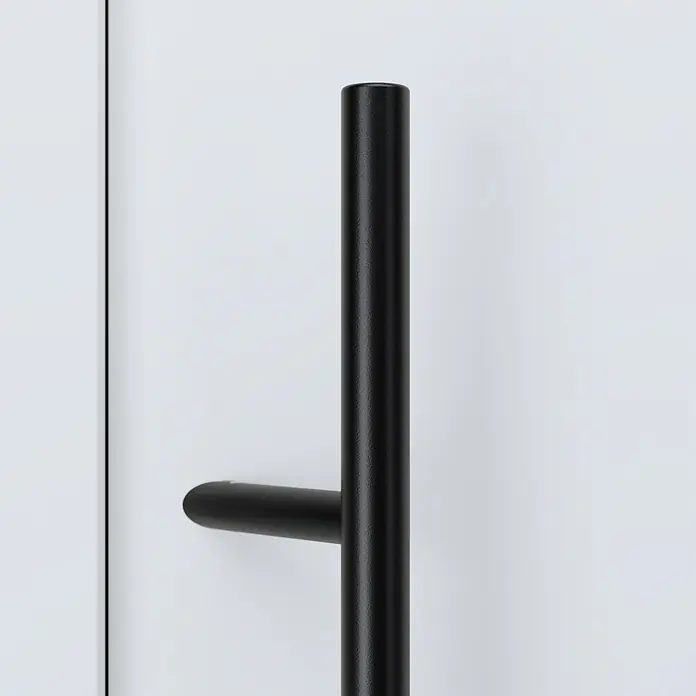 FM Türen Haustür - 110 x 210 cm, DIN Anschlag: Rechts, Weiß, Mit vertikaler Verglasung - Schwarzer matter vertikaler T-förmiger Stoßgriff.