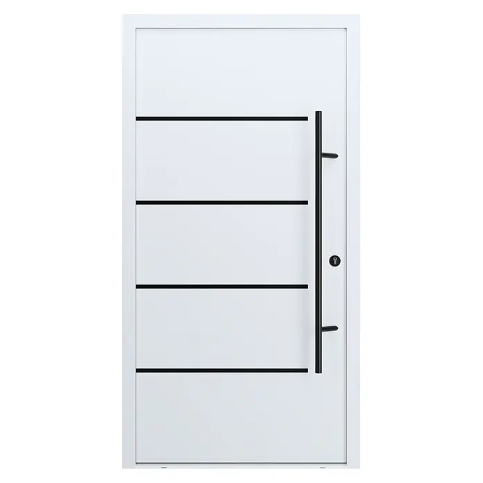 FM Türen Haustür - 110 x 210 cm, DIN Anschlag: Rechts, Farbe: Weiß, Mit Zierapplikationen - Weiße moderne Haustür mit schwarzen Querlinien, langem schwarzem Griff und Schlüsselloch.