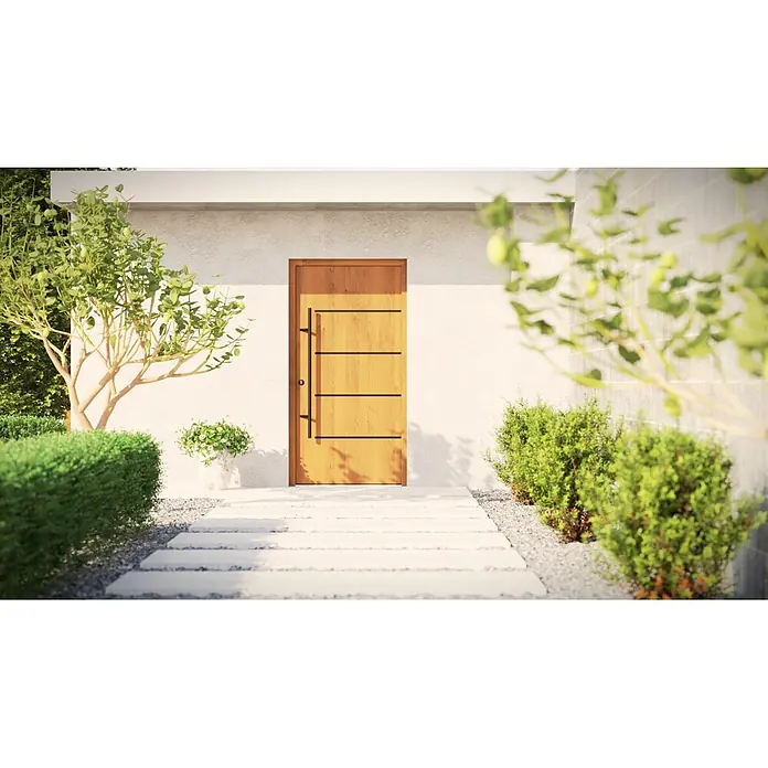 FM Türen Haustür - 110 x 210 cm, DIN Anschlag: Links, Farbe: Winchester, Mit Zierapplikationen - Moderne Holz-Eingangstür mit schwarzem Stangengriff und horizontalen Akzenten, in heller Wand mit Gartenweg.