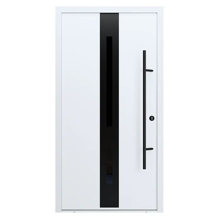 FM Türen Haustür - 110 x 210 cm, DIN Anschlag: Rechts, Weiß, Mit vertikaler Verglasung - Moderne weiße Eingangstür mit schwarzem Vertikalstreifen, dunklem Fenster, langem schwarzem Stangengriff und Schlüsselloch.