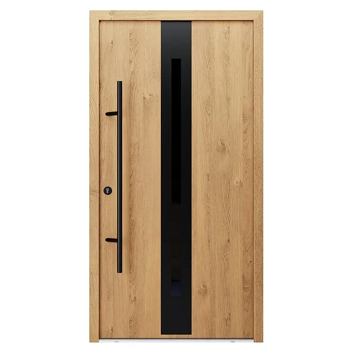 FM Türen Haustür - 110 x 210 cm, DIN Anschlag: Links, Winchester, Mit vertikaler Verglasung - Moderne Holztür mit vertikalem schwarzen Glaseinsatz und langem schwarzem Griff.