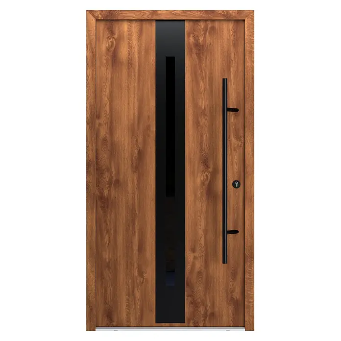 FM Türen Haustür - 110 x 210 cm, DIN Anschlag: Rechts, Goldene Eiche, Mit vertikaler Verglasung - Moderne braune Holztür mit vertikalem dunklem Glaseinsatz, schwarzem Griff und Schlüsselloch.