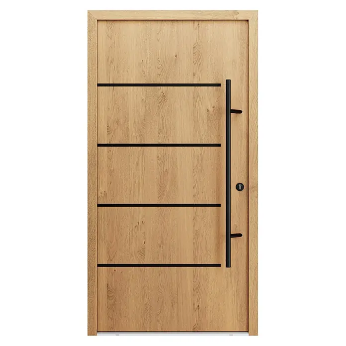 FM Türen Haustür - 110 x 210 cm, DIN Anschlag: Rechts, Farbe: Winchester, Mit Zierapplikationen - Moderne helle Holzeingangstür mit schwarzen Querlinien, langem schwarzem Griff und schwarzem Schlüsselloch.