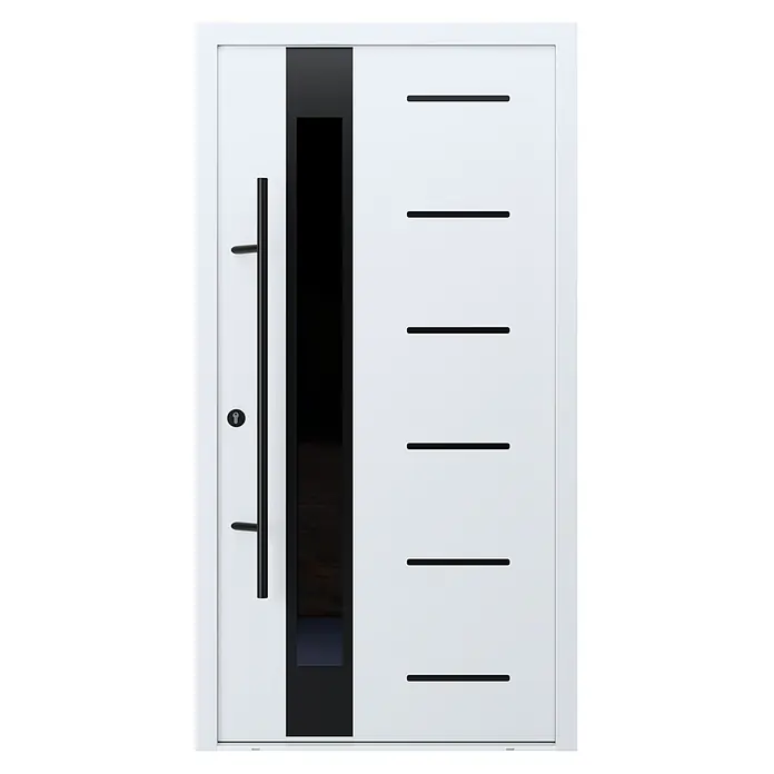FM Türen Haustür - 110 x 210 cm, DIN Anschlag: Links, Weiß, Mit vertikaler Verglasung + Zierapplikationen - Moderne weiße Eingangstür mit langem schwarzem Griff, vertikalem schwarzen Glaseinsatz und sechs horizontalen schwarzen Zierlinien.