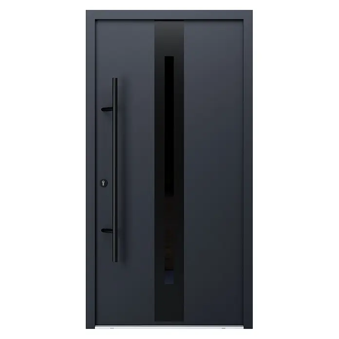 FM Türen Haustür - 110 x 210 cm, DIN Anschlag: Links, Anthrazit, Mit vertikaler Verglasung - Moderne dunkelgraue Haustür mit langem schwarzem Vertikalgriff und schlanker vertikaler dunkler Glasscheibe.