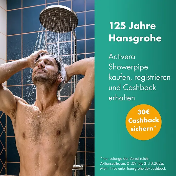Hansgrohe Duschsystem Activera S - Lochabstand: 138 mm - 162 cm, Anzahl Strahlarten: 2 Stk., Chrom - Mann duscht unter einer Hansgrohe Activera Showerpipe.