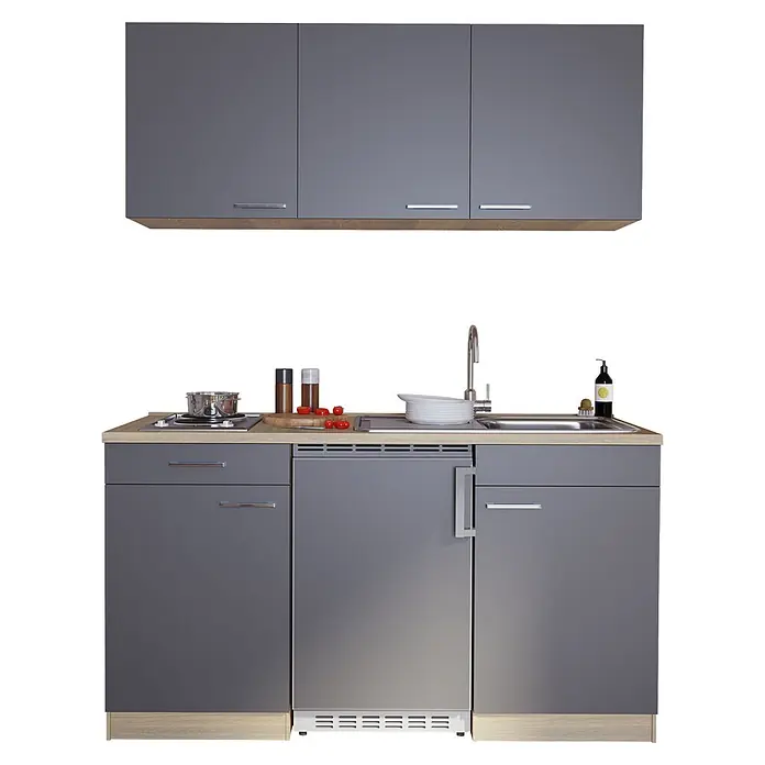 Respekta Singleküche Luis - Breite: 150 cm, Farbe Front: Grau, Farbe Korpus: Eiche Sonoma sägerau, Mit Duo-Kochmulde - Kompakte graue Küchenzeile mit Holzplatte, integriertem Kochfeld, Spüle und Kühlschrank, mit Ober- und Unterschränken.