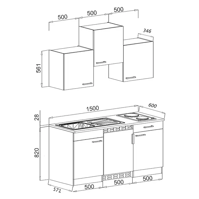 Respekta Singleküche Luis - Breite: 150 cm, Farbe Front: Grau, Farbe Korpus: Eiche Sonoma sägerau, Mit Duo-Kochmulde - Detaillierte Strichzeichnung eines modularen Küchenschranks-Sets mit Ober- und Unterschränken, Spüle und Herd, mit Maßangaben.