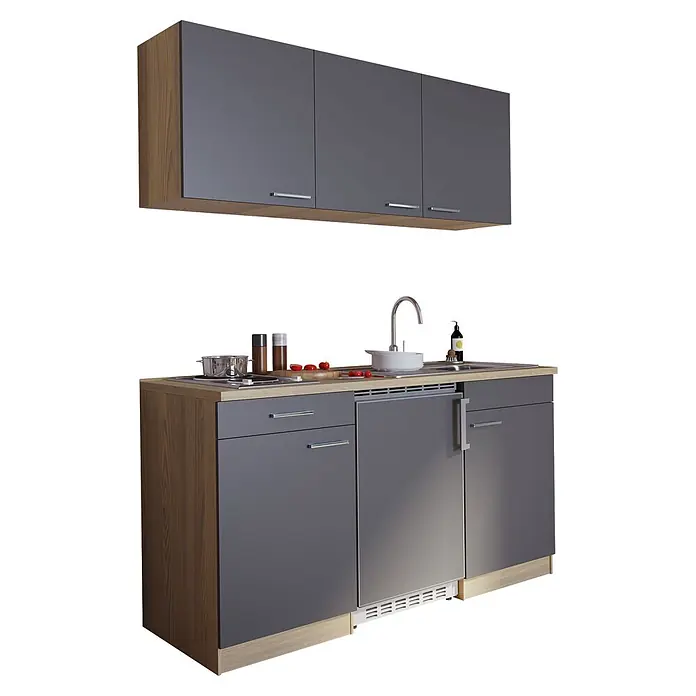 Respekta Singleküche Luis - Breite: 150 cm, Farbe Front: Grau, Farbe Korpus: Eiche Sonoma sägerau, Mit Duo-Kochmulde - Kompakte Küchenzeile in Dunkelgrau mit Holzdekor-Seiten, Oberschränken, integrierter Spüle, Kochfeld und Einbaugerät.