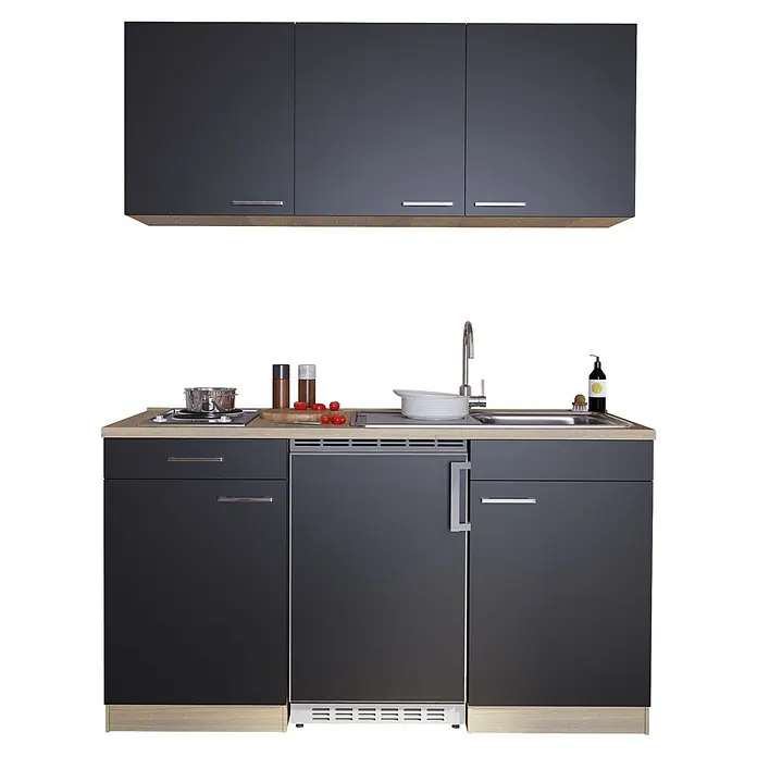 Respekta Singleküche Luis - Breite: 150 cm, Farbe Front: Schwarz, Farbe Korpus: Eiche Sonoma sägerau, Mit Duo-Kochmulde - Dunkelgraue Kompaktküche mit Holzoptik-Arbeitsplatte, Kochfeld, Spüle und integriertem Gerät, sowie passenden Oberschränken.