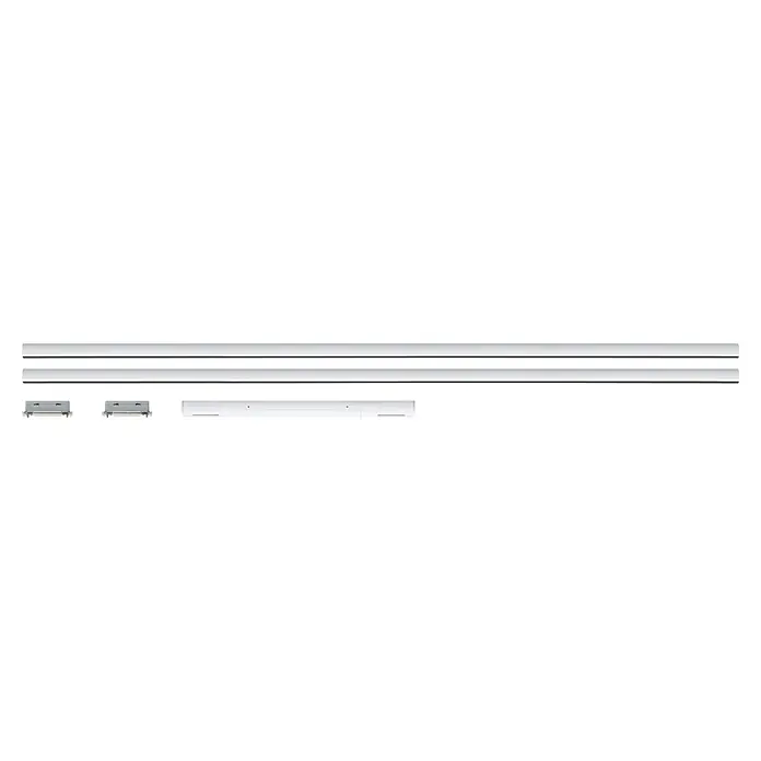 Paulmann URail Basis-Set - Signalweiß, Länge: 2,3 m, Metall - Hellgraue modulare lineare Beleuchtungssystemkomponenten: zwei lange Profile, Verbindungsteile und ein Gehäuse.