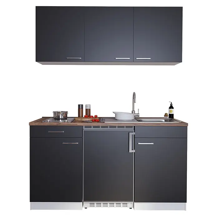 Respekta Singleküche Luis - Breite: 150 cm, Schwarz, Mit Glaskeramikkochfeld - Dunkelgraue Kompaktküche mit Holzplatte, integrierter Spüle, Kochfeld und Kühlschrank.