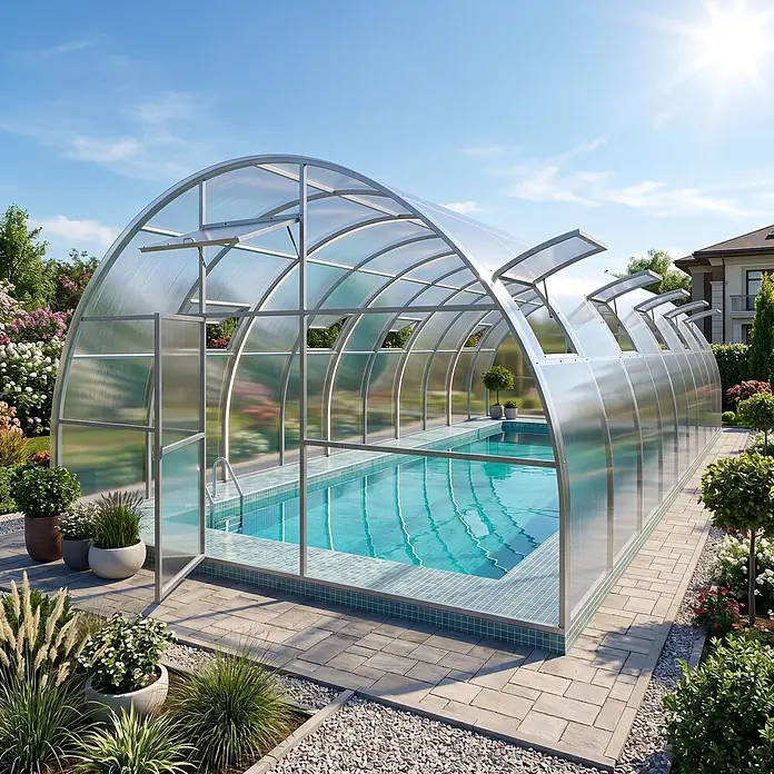 Garten Dream Poolüberdachung Nero, 10mm Polycarbonat - Passend für: Aufstellpools und eingelassene Pools, L x B x H: 800 x 500 x 300 cm - Gewölbte, transparente Schwimmbadüberdachung mit silbernem Rahmen über einem Außenpool, mit Lüftungsöffnungen.